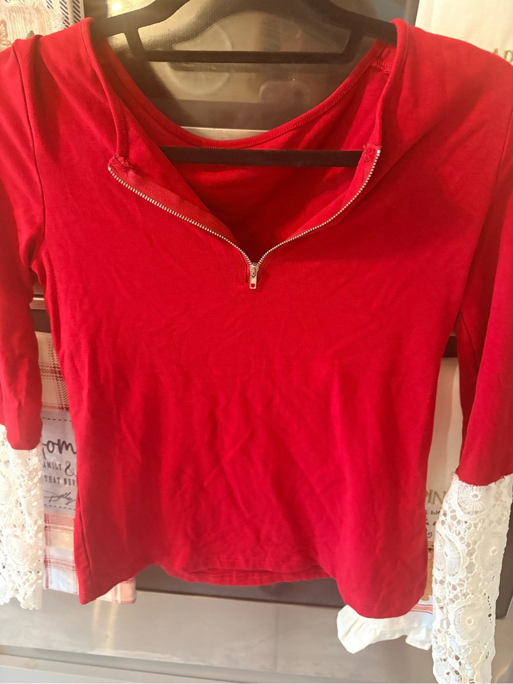 Women’s Red Zip-Neck Top with Lace Sleeve Detail